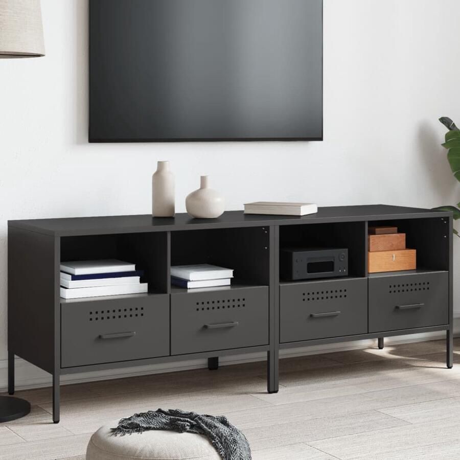 The Living Store Tv-meubelen 2 st 68x39x50 5 cm staal zwart Tv Meubel Industrieel Tv Meubel Tv Stand Salontafel Mediabox