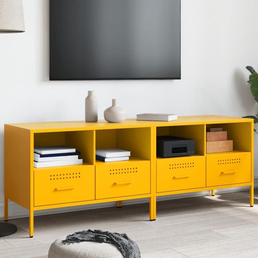 The Living Store Tv-meubelen 2 st 68x39x50 5 cm staal mosterdgeel Tv-meubel Industrieel Tv-meubel Tv-stand Salontafel Mustard Yellow Furniture