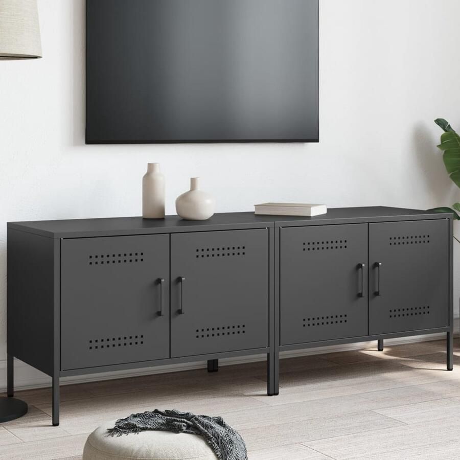 The Living Store Tv-meubelen 2 st 68x39x50 5 cm staal zwart Tv-meubel Industrieel Tv-meubel Tv Kast Metalen Tv-standaard Zwarte Tv-meubel