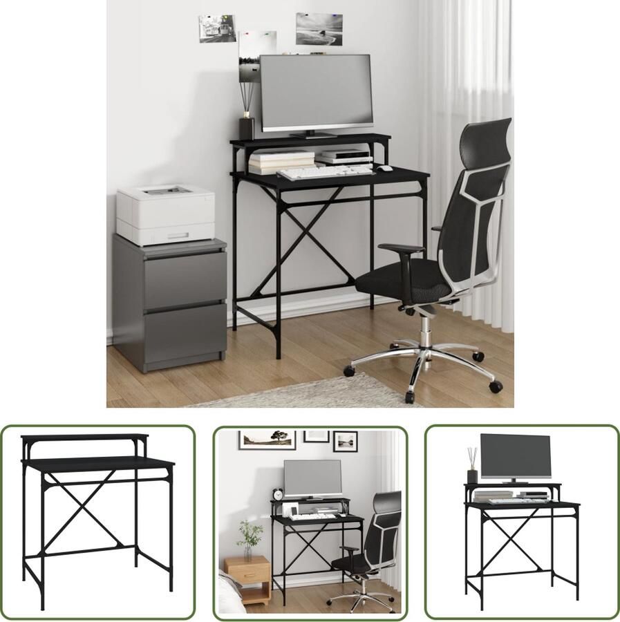 The Living Store Bureau Industriële Stijl Zwart 80 x 50 x 90 cm Bewerkt hout en ijzer - Foto 2
