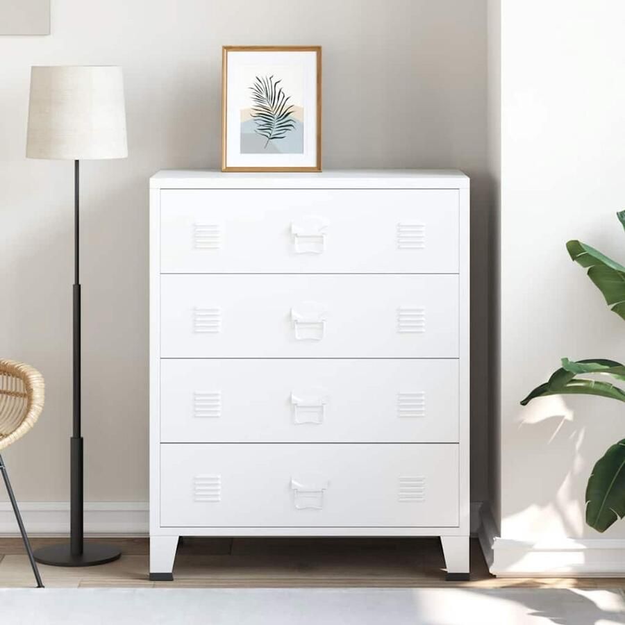 VidaXL Industriële Ladekast industrieel 78x40x93 cm metaal wit Metalen Ladekast Witte Ladekast Opbergkast