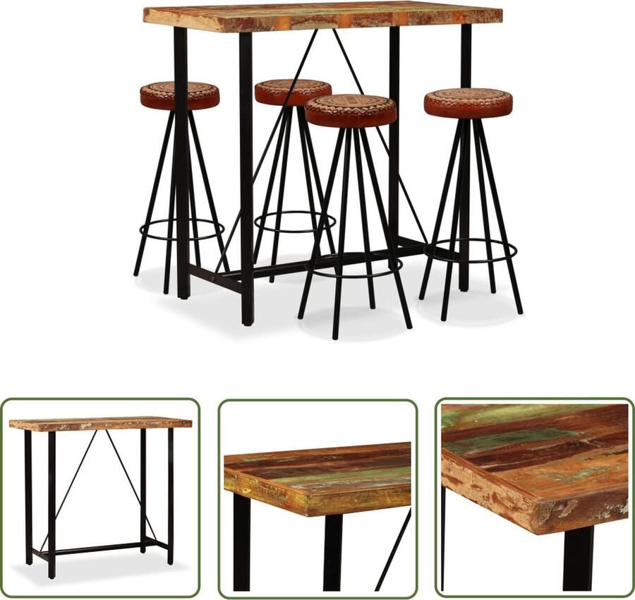 The Living Store IndustriÃle Bartafelset 120 x 60 x 107 cm Massief gerecycled hout en staal Incl 4 barkrukken Bartafel Industriële Meubels Houten Bartafel Vintage Bartafel Eetkamerstoel - Foto 2