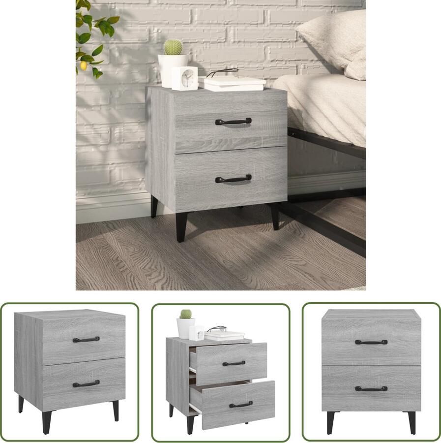 The Living Store Nachtkastje IndustriÃle Stijl Grijs Sonoma Eiken 40x35x47.5 cm 2 lades Nachtkastje Industriele Meubels Houten Meubels Grijze Meubels Salontafel - Foto 2