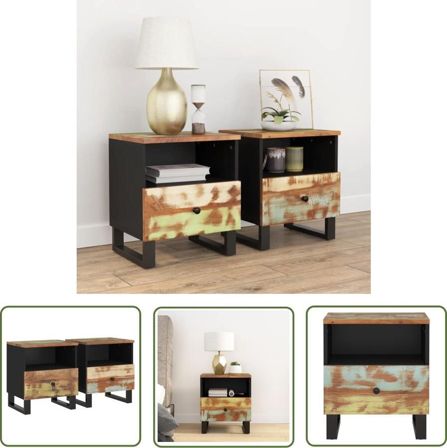 The Living Store Nachtkastjes Industrieel massief gerecycled hout 40 x 31 x 46 cm met 1 lade en 1 vak – metalen poten set van 2 Nachtkastjes Industriele Meubels Houten Meubels Multifunctionele Kastjes Bergruimte - Foto 2