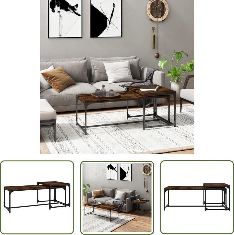The Living Store Salontafels IndustriÃle Stijl Gerookt Eiken 100x40x35cm 50x40x40cm Staal en Bewerkt Hout Salontafel Industriële Salontafel Houten Salontafel Metalen Salontafel Bruine Salontafel - Foto 2