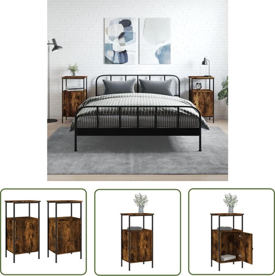 The Living Store Nachtkastjes IndustriÃle Stijl Gerookt Eiken 41x31x80cm Set van 2 Nachtkastjes Industriële Stijl Bruine Kleur Houten Kast Eikenhout - Foto 2
