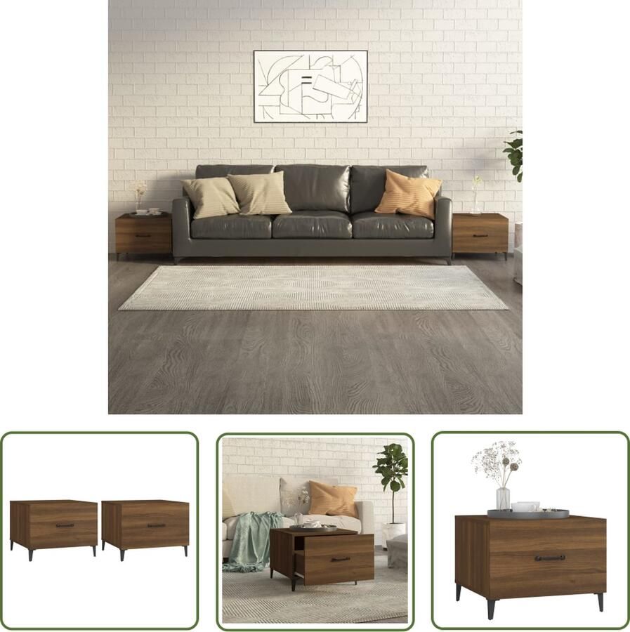 The Living Store Banktafels Bruineiken Salontafelset 50x50x40 cm IndustriÃle stijl Bewerkt hout en metaal Salontafel Industriële Stijl Bruine Eiken Kleur Bewerkt Hout Metalen Poten - Foto 2