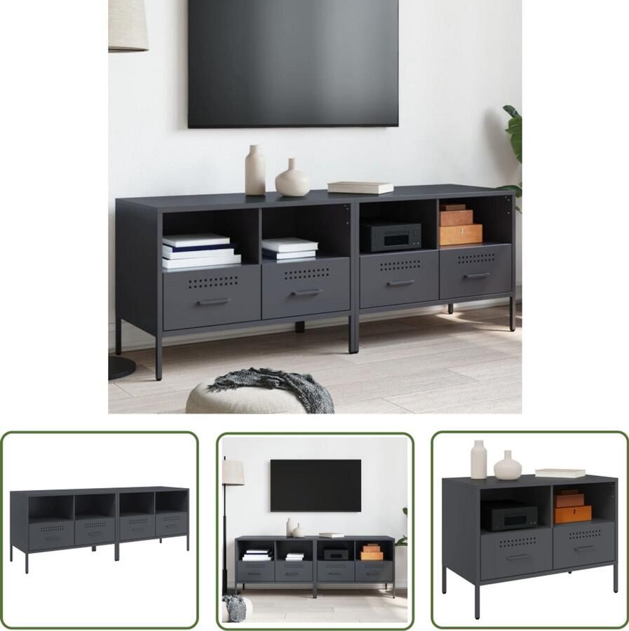 The Living Store Tv-meubelen 2 st 68x39x50 5 cm staal antracietkleurig Tv-meubilair Industriële Tv-stand Antraciet Tv-kast Koudgewalst Staal Tv-opstelling