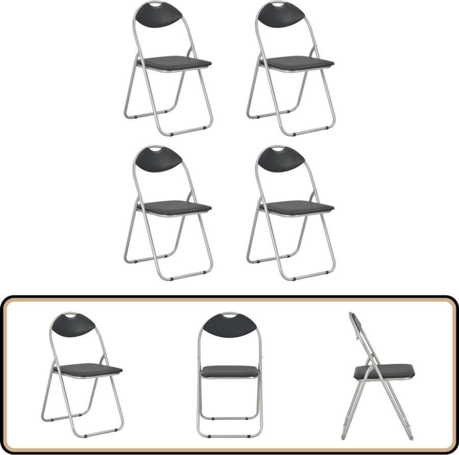 The Living Store Klapstoelenset Eetkamerstoelen 44 x 43 x 80.5 cm Zwart en zilver Stalen frame en kunstleren zitting Eetkamerstoelen Klapstoelen Zwarte Stoelen Kunstlederen Stoelen Inklapbare Stoelen