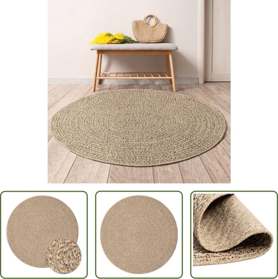 The Living Store Jute-look Vloerkleed 90 cm Uv-bestendig Rond Design Vloerkleed Jute Look Outdoor Tapijt Binnentapijt Bruin Vloerkleed