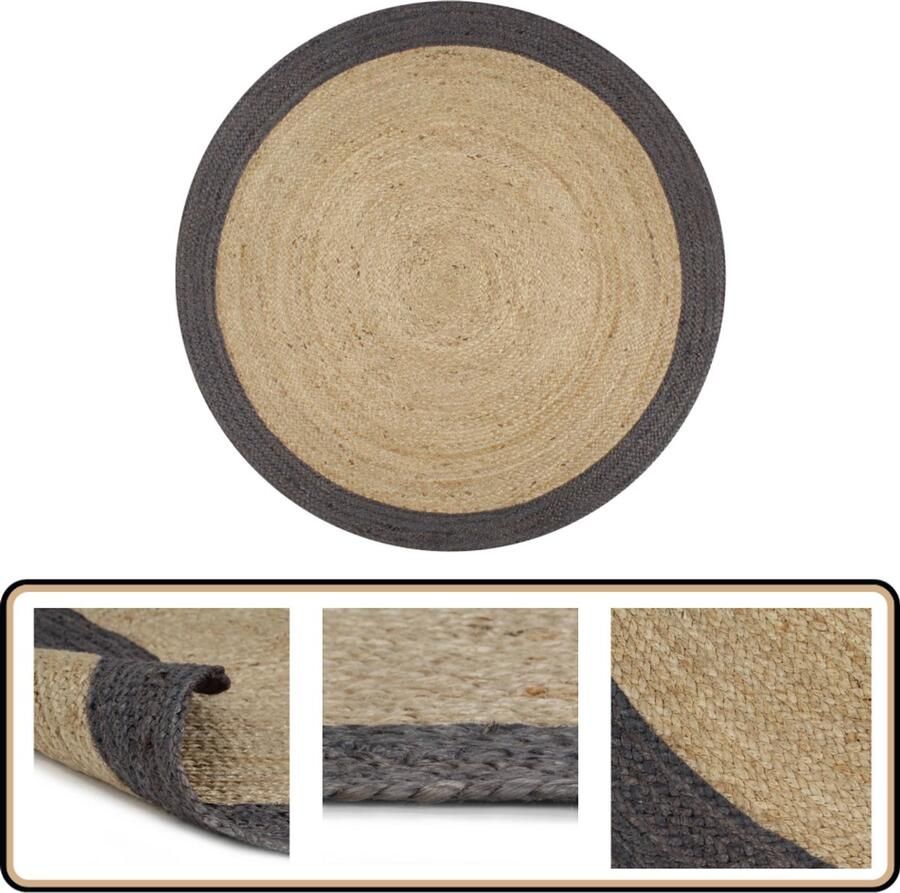The Living Store Vloerkleed gevlochten jute 120 cm naturel donkergrijs handgemaakt Vloerkleed Jute Vloerkleed Rond Vloerkleed Handgemaakt Vloerkleed Natuurdecoratie