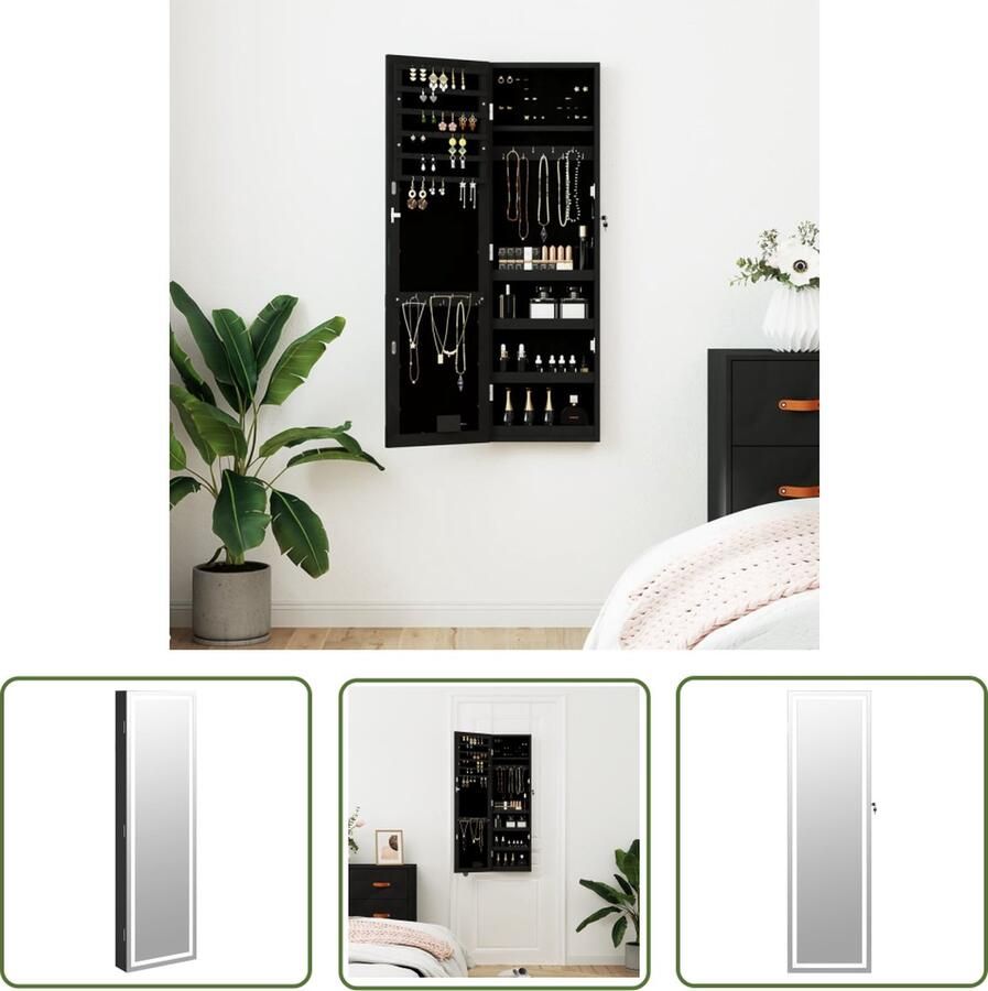 The Living Store Sieradenkast met LED-verlichting Zwart 31.5 x 9 x 106 cm Bewerkt hout Sieraden Kast Juwelen Organizer Led Verlichting Spiegeltje Zwarte Sierenkast