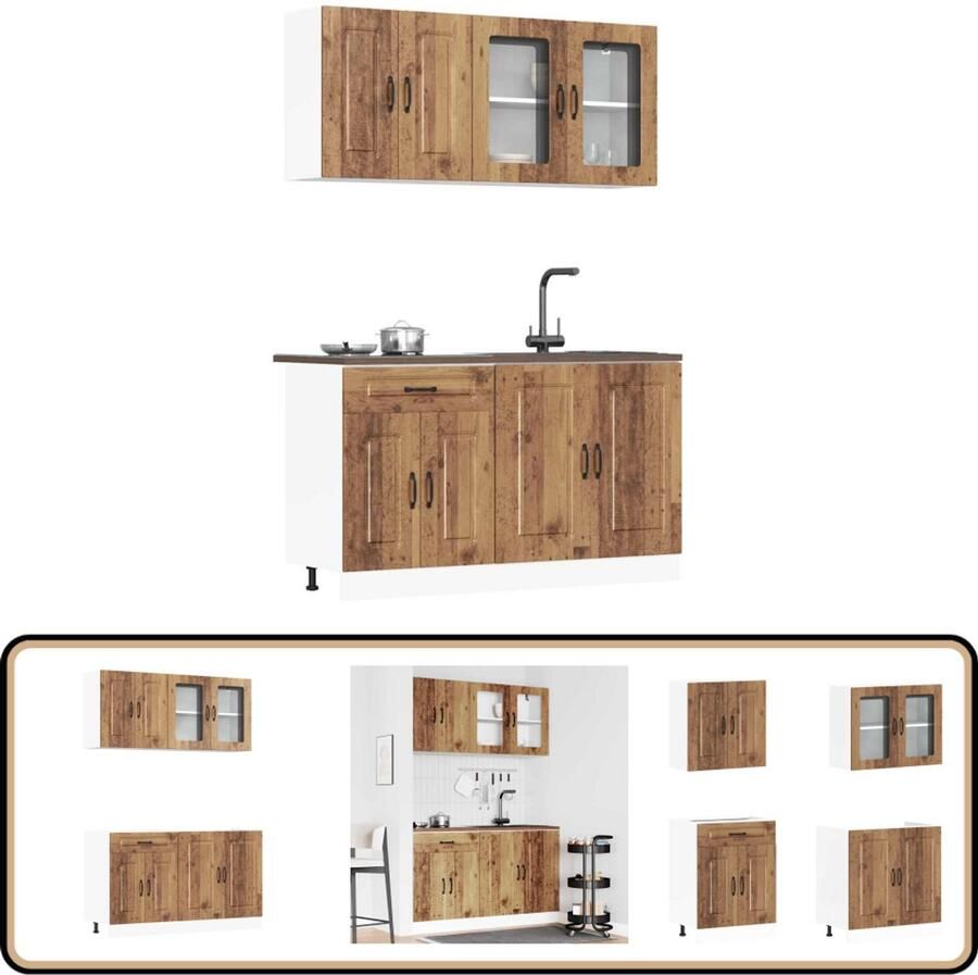 VidaXL Kalmar Keukenkastenset 4-delig Oud Houtkleurig Keuken Kast Set Houten Keukenkasten Kalmar Serie Opslagruimte Keuken Vierkante Keukenkasten