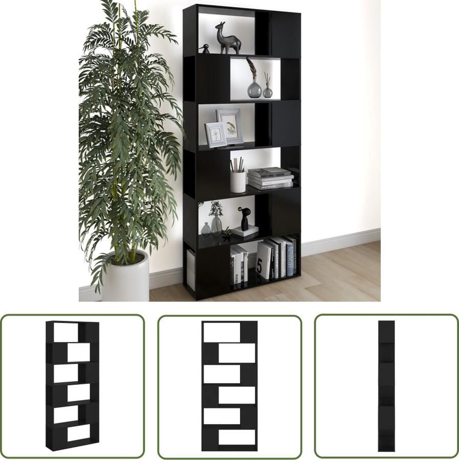 The Living Store Boekenkast kamerscherm 80x24x186 cm bewerkt hout zwart Boekenkast Kamer Scheidingswand Houten Boekenkast Klassieke Boekenkast Zwarte Boekenkast - Foto 2