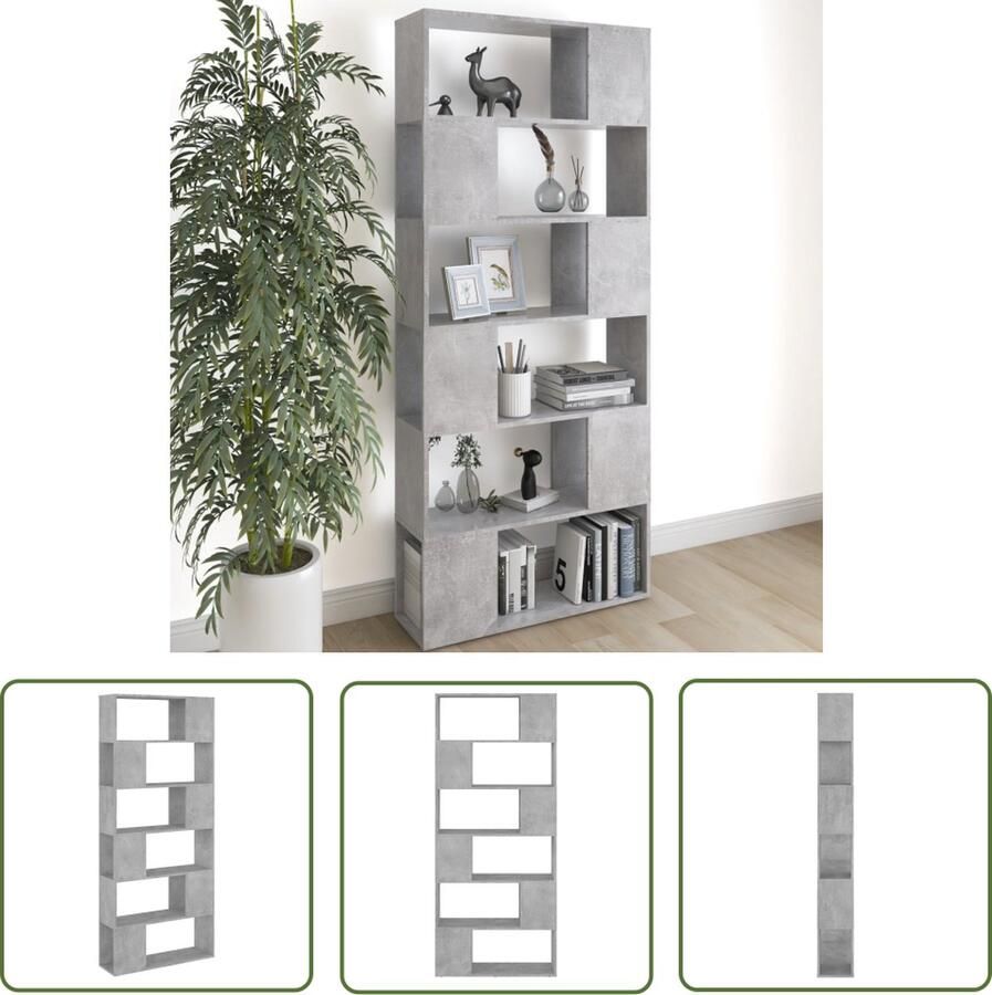 The Living Store Boekenkast Betongrijs 80x24x186 cm 6 Ruime vakken Montage vereist Boekenkast Kamerdivider Scheidingswand Houten Boekenkast Grijze Boekenkast - Foto 2