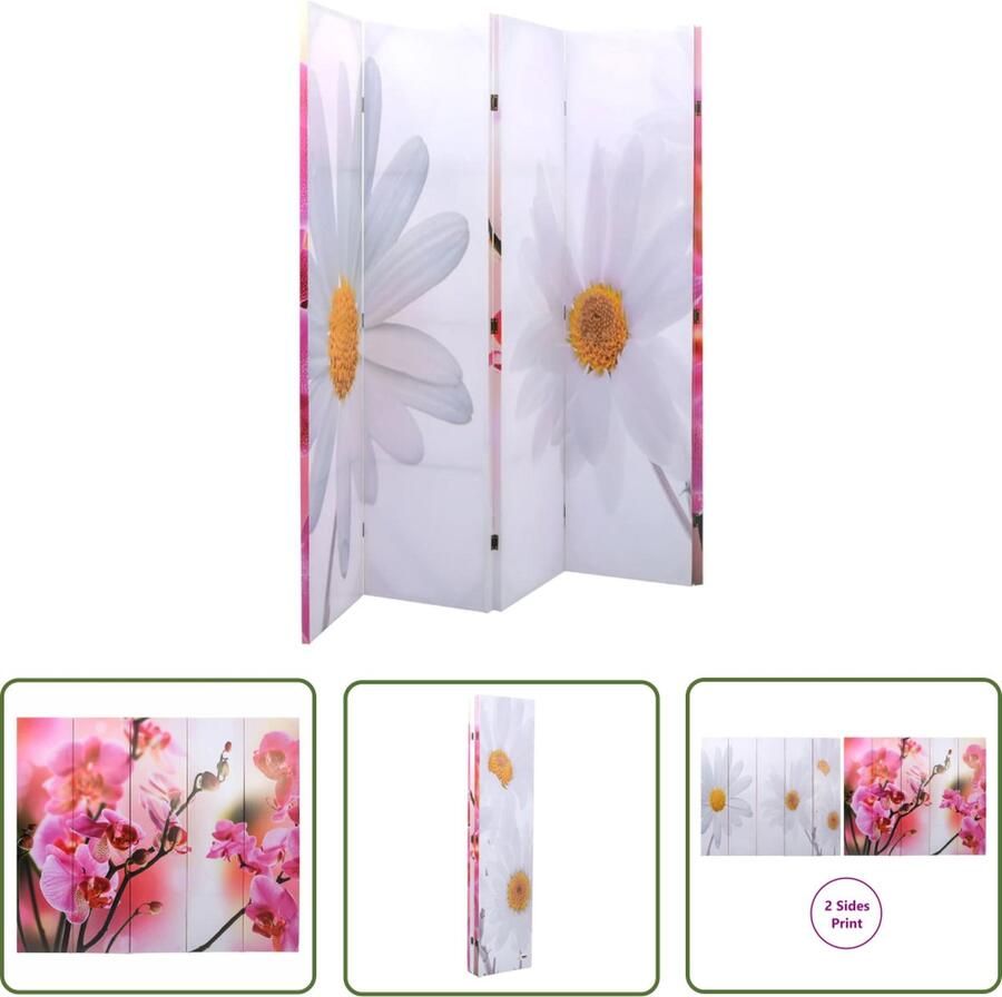 The Living Store Scheidingswand 200 x 170 cm Dubbelzijdig bedrukt Bloem PVC 100% Massief vurenhout Scheidingswand Kamerdivider Room Divider Vloerschot Wanddecoratie