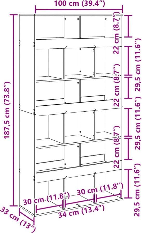VidaXL Kamerscherm 100x33x187 5 cm bewerkt hout betongrijs