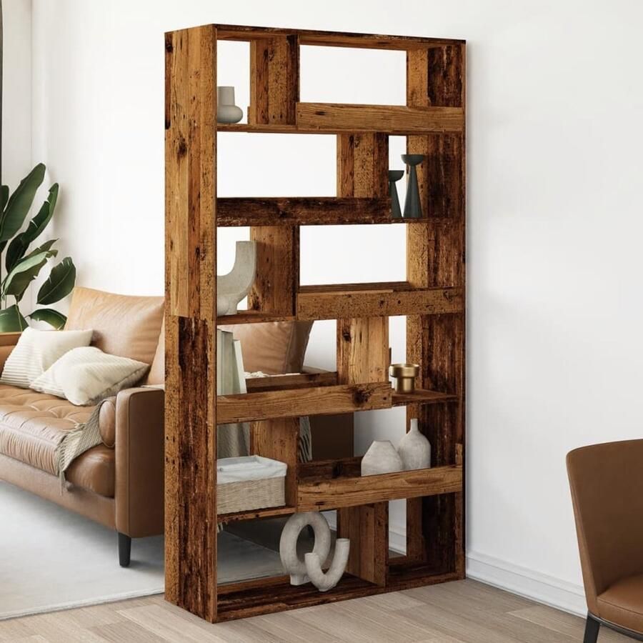 VidaXL Kamerscherm 12 Schappen Oud Houtkleurig Kamerscherm Kamerschermen Scheidingswand Kamerverdeler