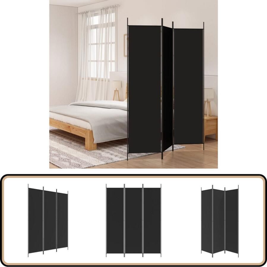 VidaXL Kamerscherm 3 panelen 150x200 cm Zwart Kamerscherm Scheidingswand Privacy Screen Wandafscheider Interieurdecoratie Zwarte Kamer Stoffen Schermen