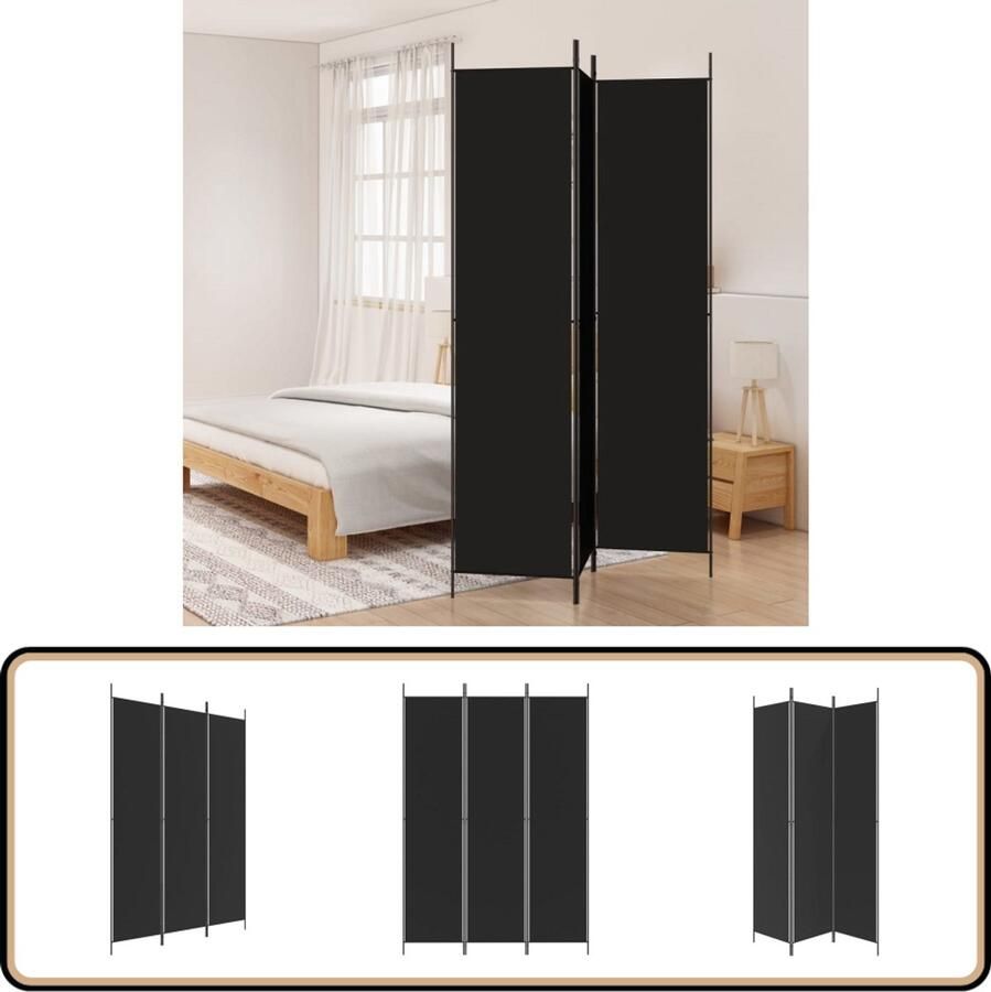 VidaXL Kamerscherm 3 panelen 150x220 cm Zwart Kamerscherm Scheidingswand Privacy Screen Wanddecoratie Interieur Design Woonaccessoires Zwarte Decoratie
