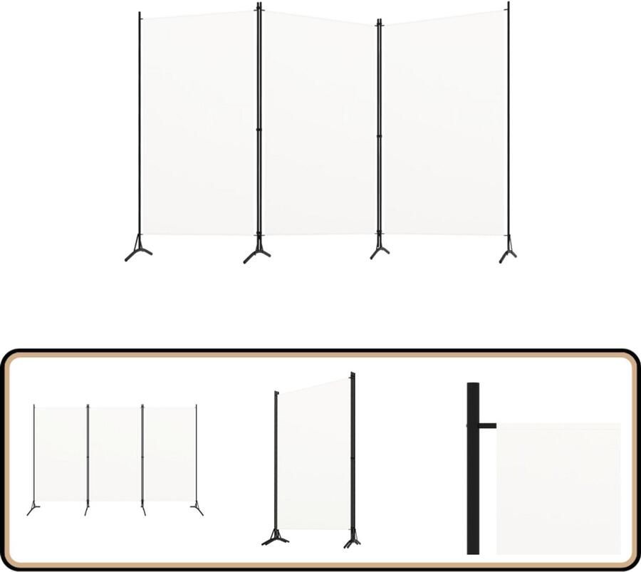 VidaXL Kamerscherm 3 panelen 260x180 cm Wit Kamerscherm Scheidingswand Ruimteverdeler Privacy Screen Interieurdecoratie Woonaccessoires Meubilair Modern Design Crèmewit Stof Ijzer Vouwbare Wand