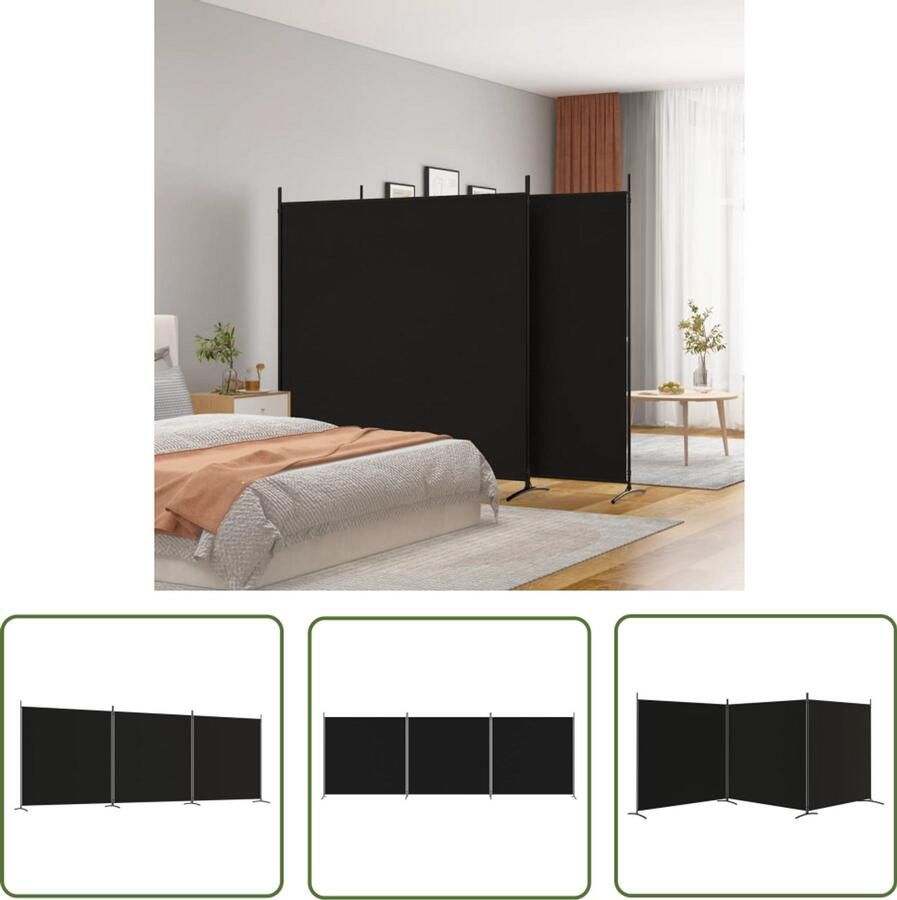 VidaXL Kamerscherm 3 panelen 525x180 cm Zwart Kamerscherm Scheidingswand Privacy Stoffen Wand Zwarte Schermwand Multifunctioneel Meubilair Interieurdecoratie