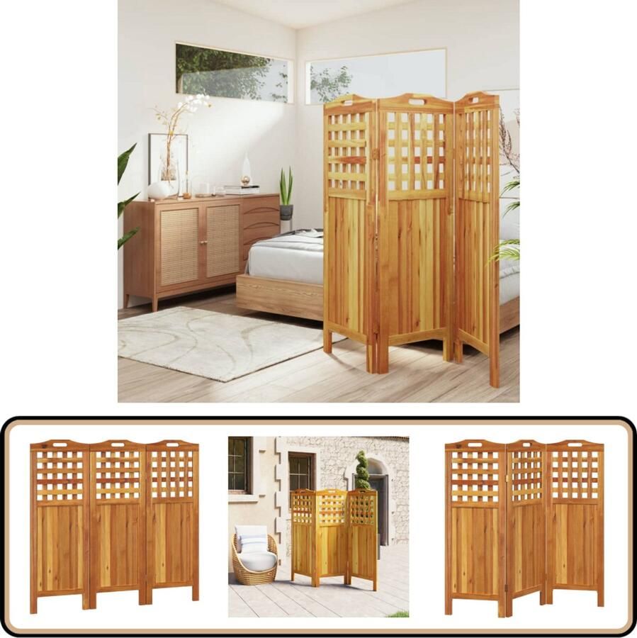 VidaXL Kamerscherm 3 Panelen Acaciahout 121 5x115 cm Kamerscherm Scheidingswand Privacy Acaciahout Bruin Inklapbaar Multifunctioneel Interieurdecoratie Woonaccessoires Landelijke Stijl