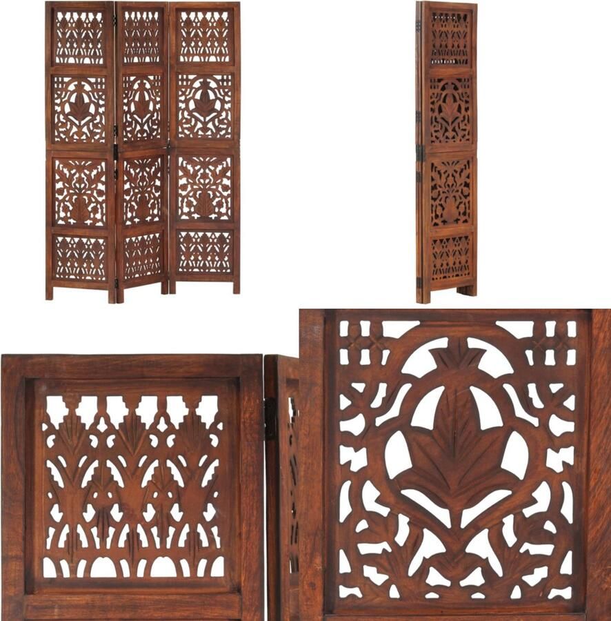 VidaXL Kamerscherm 3 panelen handgesneden 120x165 cm mangohout bruin Kamerscherm Kamerschermen Kamerverdeler Kamerverdelers