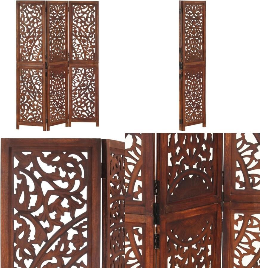 VidaXL Kamerscherm 3 panelen handgesneden 120x165 cm mangohout bruin Kamerscherm Kamerschermen Kamerverdeler Kamerverdelers