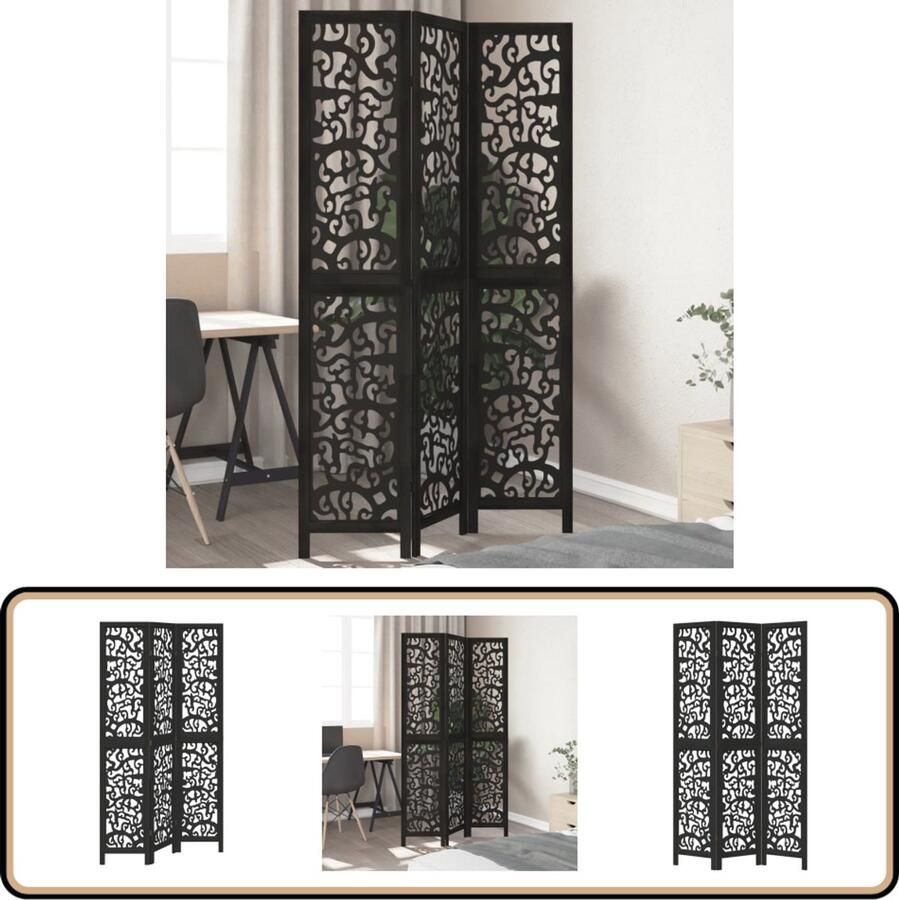 VidaXL Kamerscherm 3 panelen Massief hout Zwart Kamerscherm Scheidingswand Paulowniahout Zwart Multifunctioneel