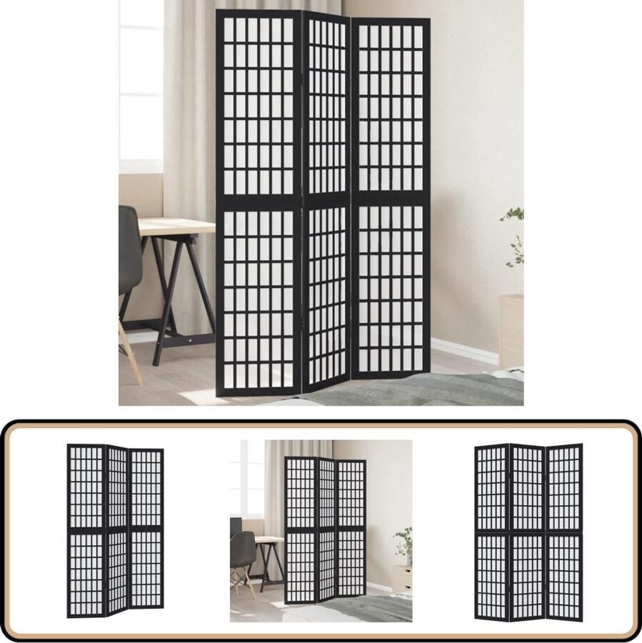VidaXL Kamerscherm 3 Panelen Massief Hout Zwart Kamerscherm Scheidingswand Privacy Screen Paulowniahout Zwart