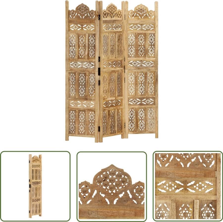 VidaXL Kamerscherm 3 panelen Massief Mangohout Kamerscherm Kamervdeler Privacy Screen Houten Kamerscherm Mangohout Vintage Decor Design Meubels Handgeschreven Classic Style Slaapkamerscherm