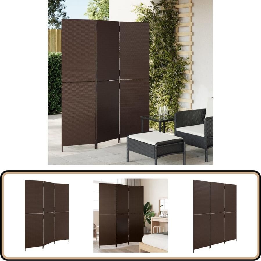 VidaXL Kamerscherm 3 panelen Poly Rattan Bruin Kamerscherm Privacy Scherm Scheidingswand Poly Rattan Bruine Kamerdecoratie Interieur Decoratie Woonaccessoires