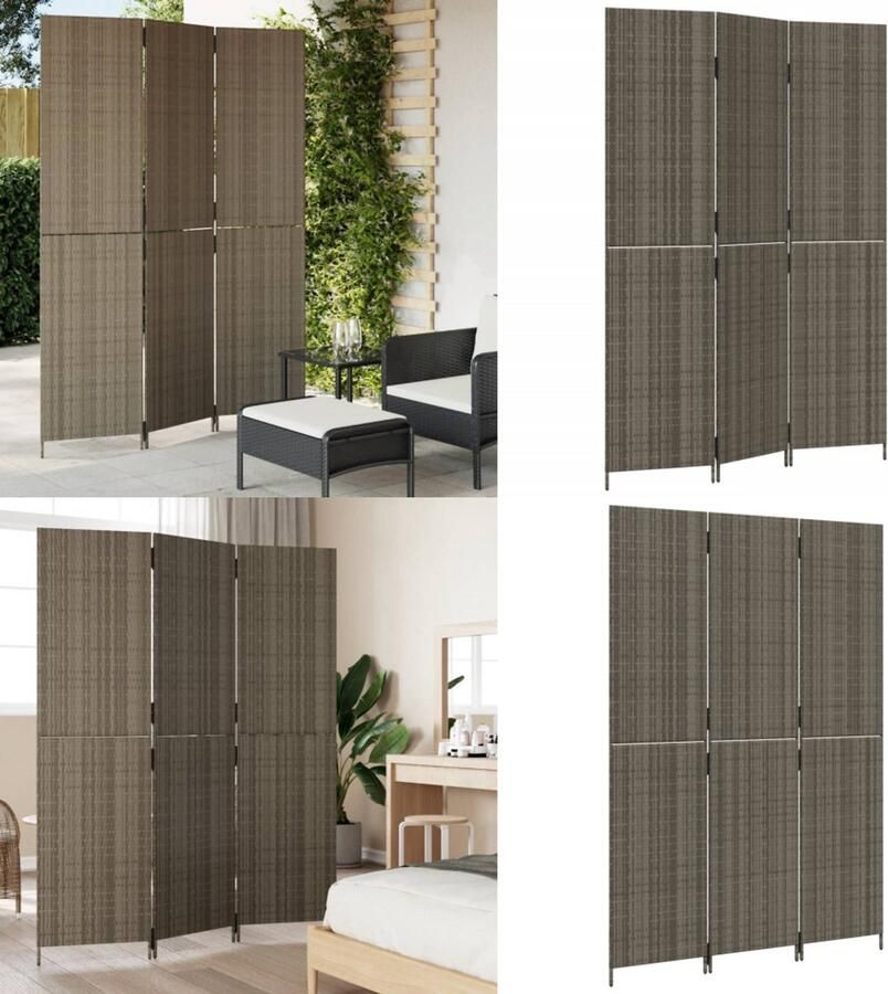 VidaXL Kamerscherm 3 panelen poly rattan grijs Kamerscherm Kamerschermen Privacy Scherm Privacyscherm