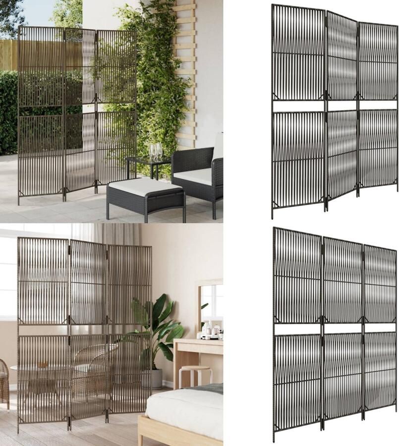 VidaXL Kamerscherm 3 panelen poly rattan grijs Kamerscherm Kamerschermen Privacy Scherm Privacyscherm