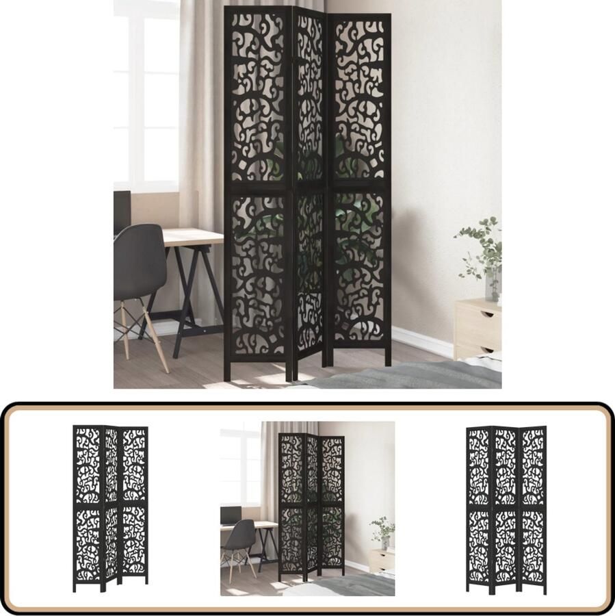 VidaXL Kamerscherm 3 panelen zwart hout Kamerscherm Scheidingswand Houten Kamerscherm Paulowniahout Opvouwbaar Scherm