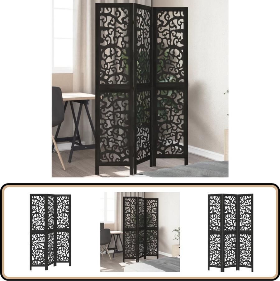 VidaXL Kamerscherm 3 panelen zwart hout Kamerscherm Scheidingswand Houten Kamersscherm Paulowniahout Opvouwbaar Scherm