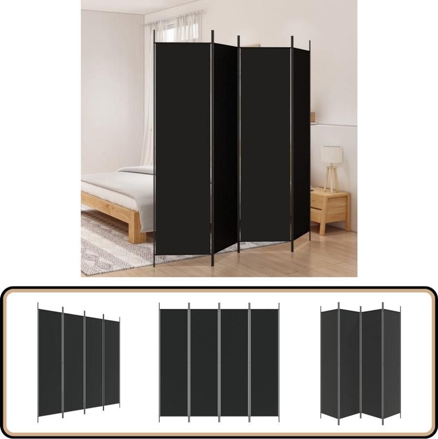 VidaXL Kamerscherm 4 panelen 200x200 cm Zwart Kamerscherm Scheidingswand Privacy Screen Kamervoordeeltje Interieurdecoratie Stoffen Wand