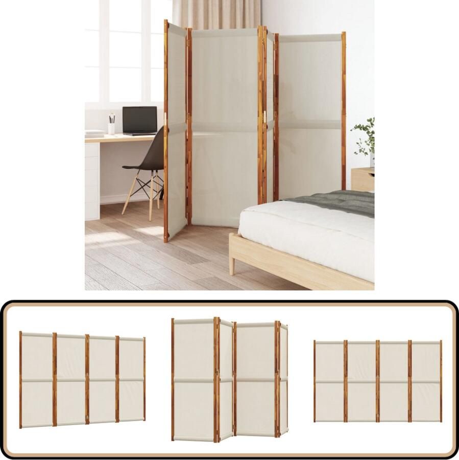 VidaXL Kamerscherm 4 panelen 280x180 cm Lichtgrijs Kamerscherm Scheidingswand Privacy Scherm Acacia Hout Textiel Interieur Design Buitendecor Tuinmeubilair Multifunctioneel Meubilair Flexibele Wanddecoratie Licht Grijs