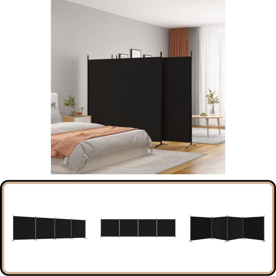 VidaXL Kamerscherm 4 panelen 698x180 cm Zwart Kamerscherm Scheidingswand Privacy Screen Wandafscheider Textiel Schermen Vouwkleed Zware Stof