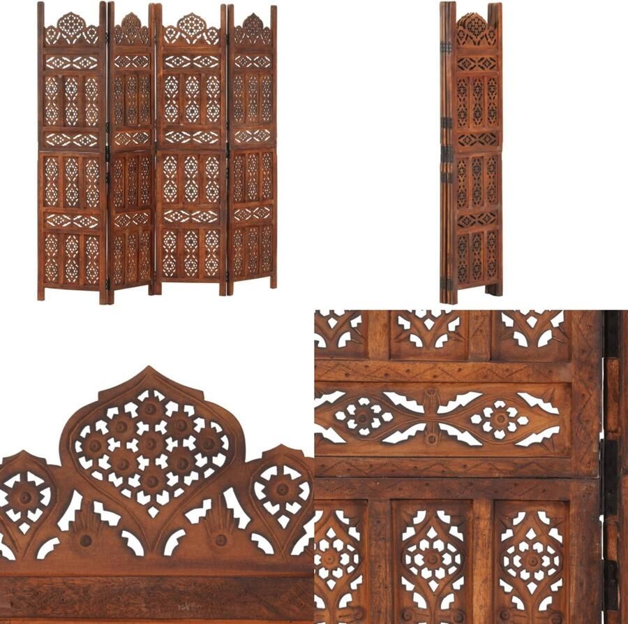 VidaXL Kamerscherm 4 panelen handgesneden 160x165 cm mangohout bruin Kamerscherm Kamerschermen Kamerverdeler Kamerverdelers