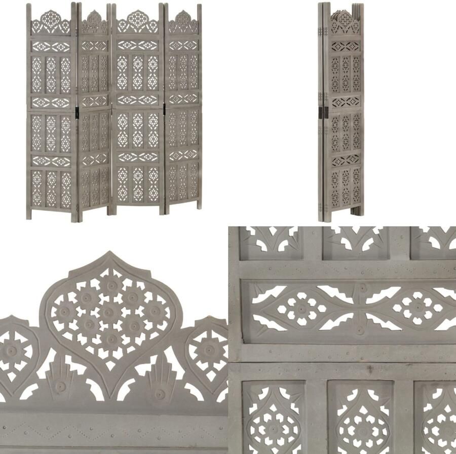 VidaXL Kamerscherm 4 panelen handgesneden 160x165 cm mangohout grijs Kamerscherm Kamerschermen Kamerverdeler Kamerverdelers