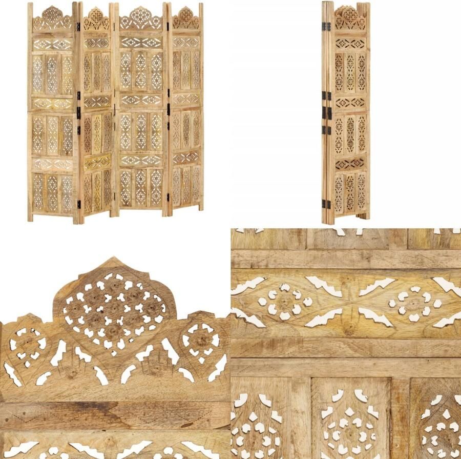 VidaXL Kamerscherm 4 panelen handgesneden 160x165 cm massief mangohout Kamerscherm Kamerschermen Kamerverdeler Kamerverdelers