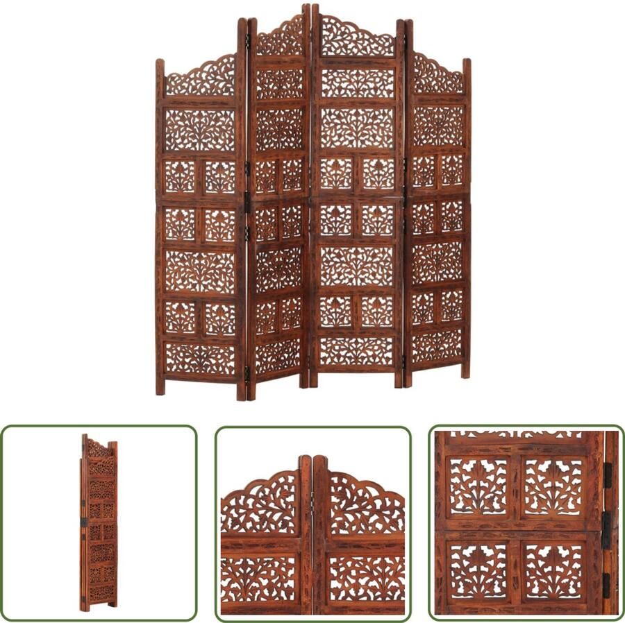 VidaXL Kamerscherm 4 Panelen Mangohout 160x165 cm Kamerscherm Privacy Screen Houten Scherm Handgeschreven Decoratie Mango Hout Meubilair Woonaccessoires Slaapkamervloerisolator Wanddecoratie Designkamer Vintage Stijl