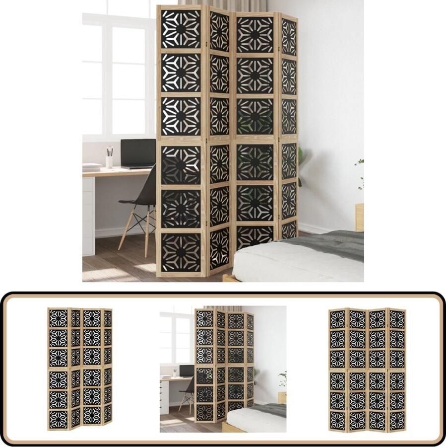 VidaXL Kamerscherm 4 panelen Massief hout Bruin Zwart Kamerscherm Houten Kamerscherm Scheidingswand Paulowniahout Brandlook Multifunctionele Wanddecoratie