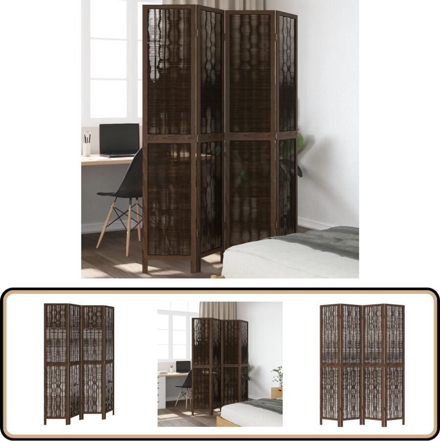 VidaXL Kamerscherm 4 panelen Massief hout Donkerbruin Kamerscherm Privacy Scherm Scheiding Wand Houten Kamersscherm Paulownia Hout