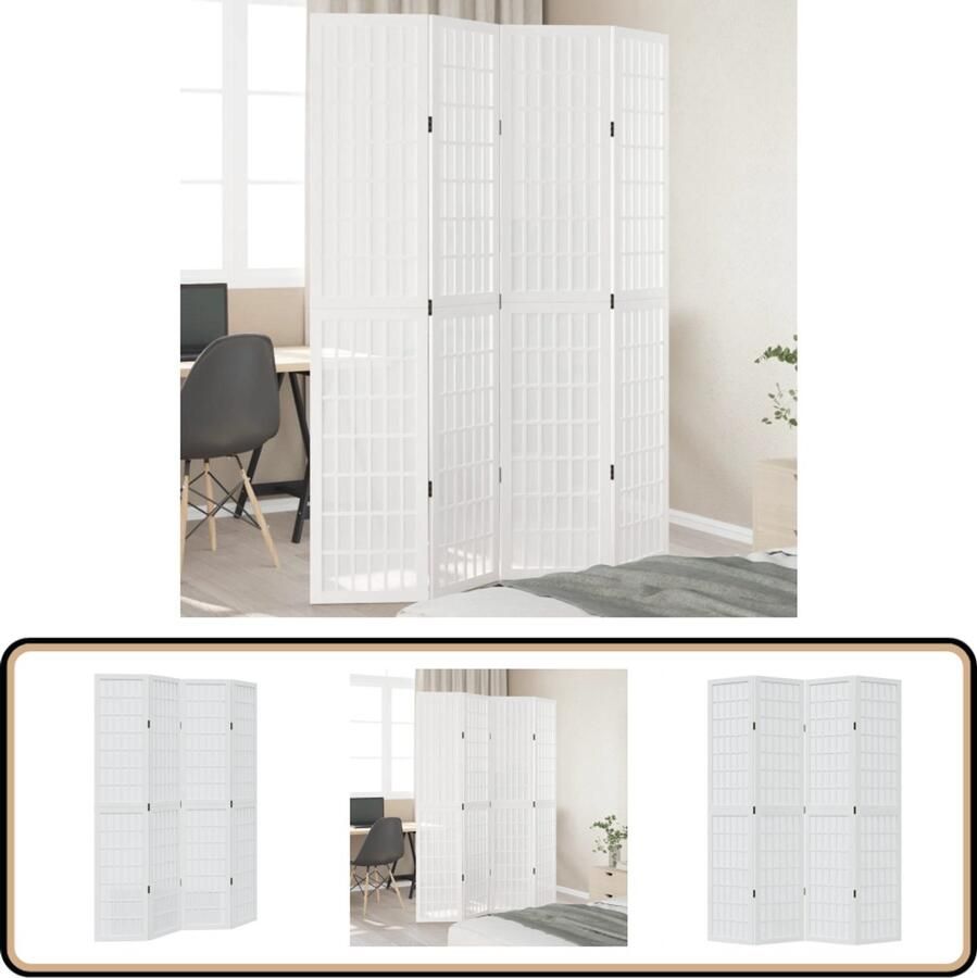 VidaXL Kamerscherm 4 panelen Massief hout Wit Kamerscherm Scheidingswand Houten Kamersscherm Paulowniahout Wit Kamerscherm