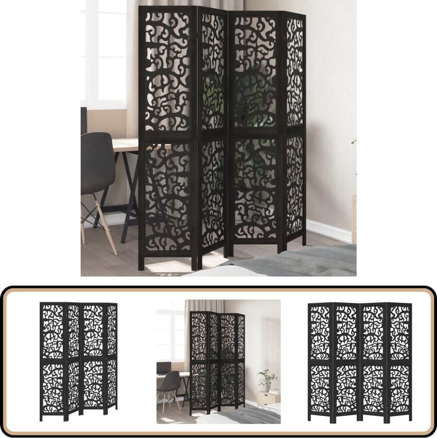 VidaXL Kamerscherm 4 panelen Massief hout Zwart Kamerscherm Scheidingswand Houten Kamerscherm Paulowniahout Zwart Kamerscherm