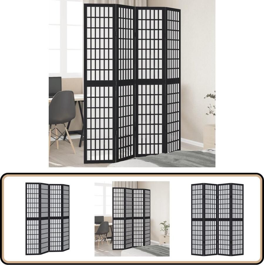VidaXL Kamerscherm 4 panelen massief hout zwart Kamerscherm Scheidingswand Houten Kamersscherm Paulowniahout Zwart Kamerscherm