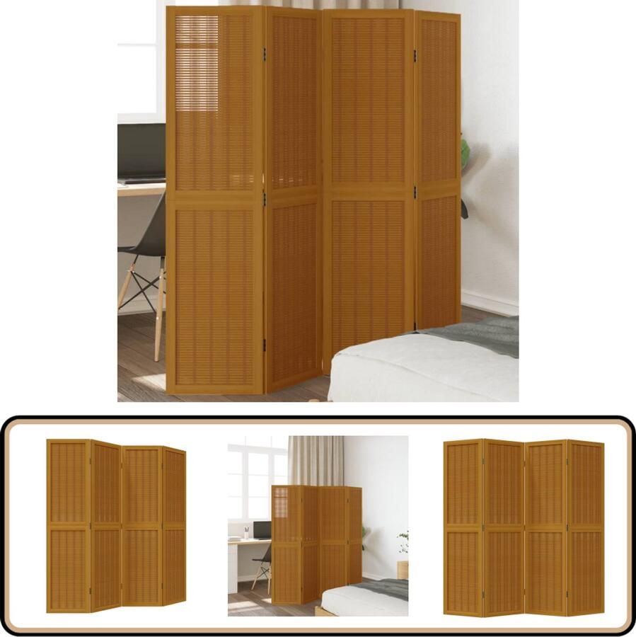 VidaXL Kamerscherm 4 panelen Massief Paulowniahout Bruin Kamerscherm Privacy Scherm Scheidingswand Houten Kamersscherm Paulownia Hout Bamboe Scherm